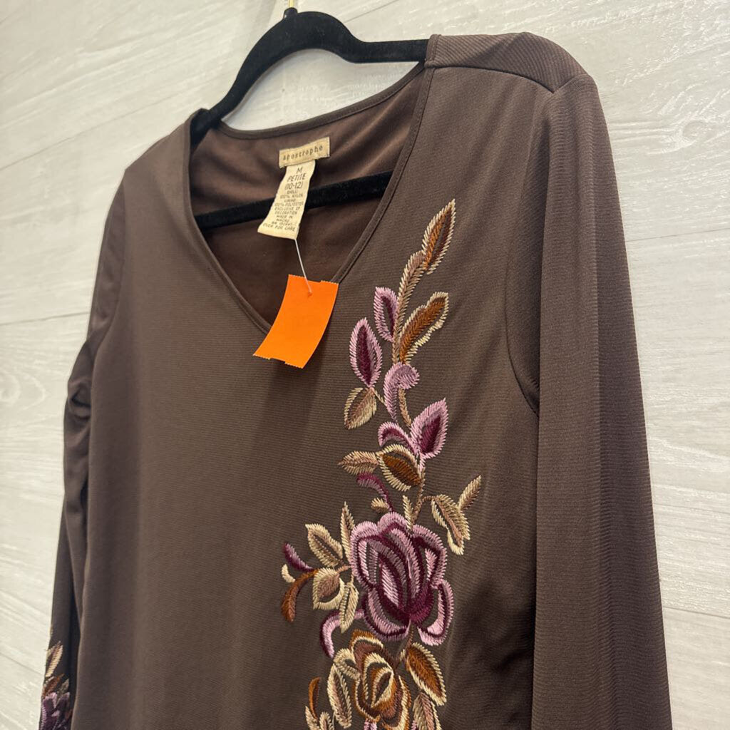 Apostrophe Brown Embroidered Floral Long Sleeve Top Medium Petite