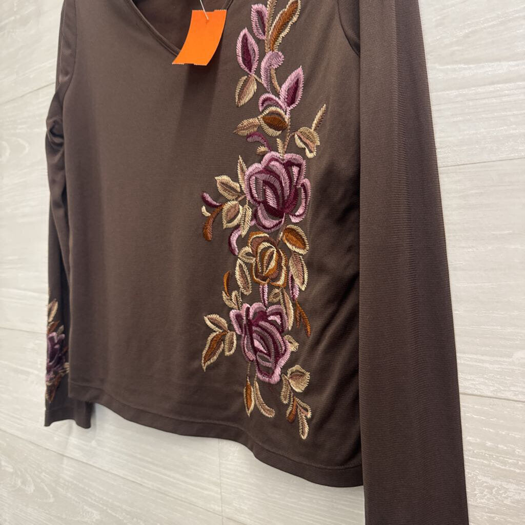 Apostrophe Brown Embroidered Floral Long Sleeve Top Medium Petite