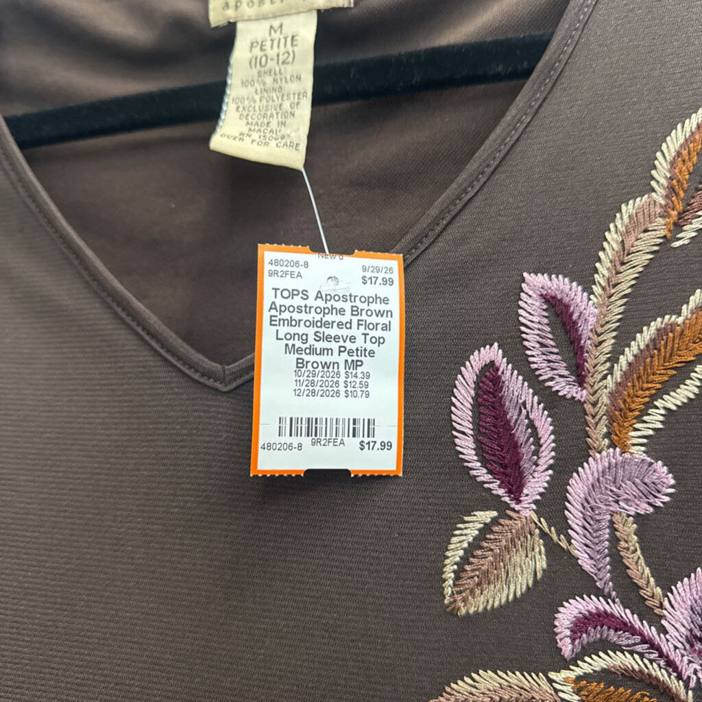 Apostrophe Brown Embroidered Floral Long Sleeve Top Medium Petite