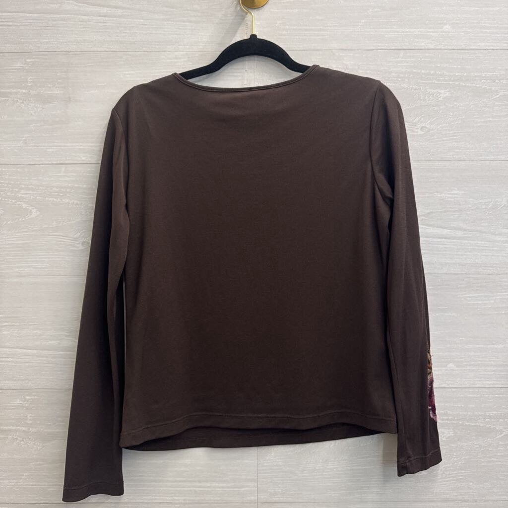 Apostrophe Brown Embroidered Floral Long Sleeve Top Medium Petite