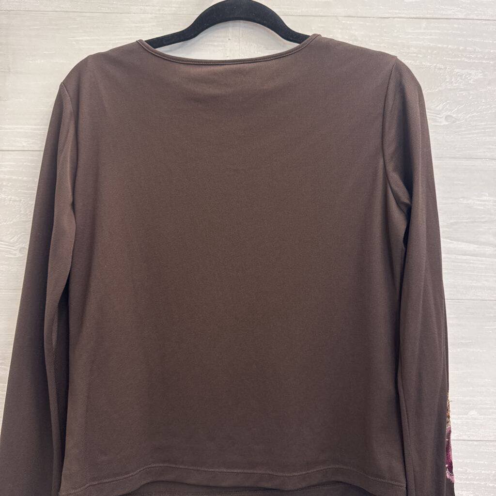 Apostrophe Brown Embroidered Floral Long Sleeve Top Medium Petite