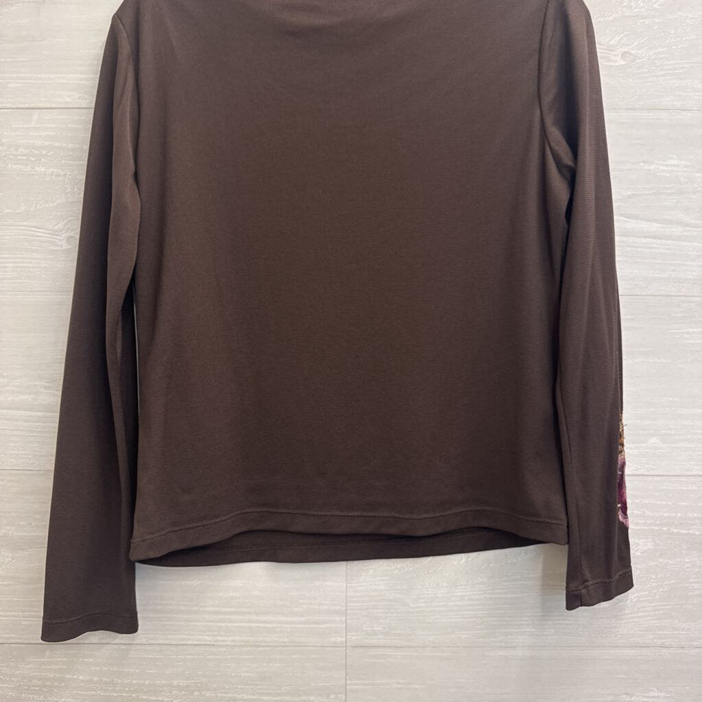Apostrophe Brown Embroidered Floral Long Sleeve Top Medium Petite