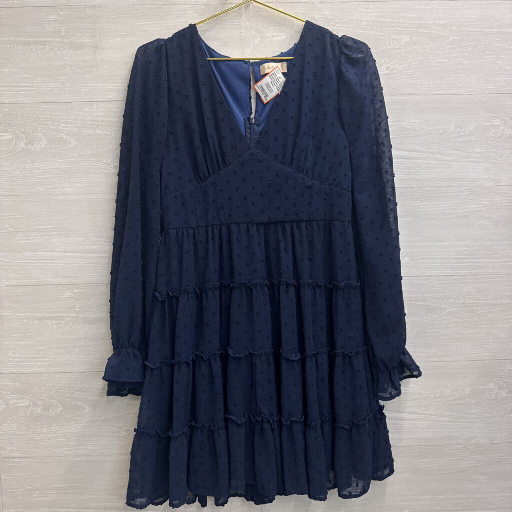 Altar'd State Navy Textured Dot Long Sleeve Dress Large