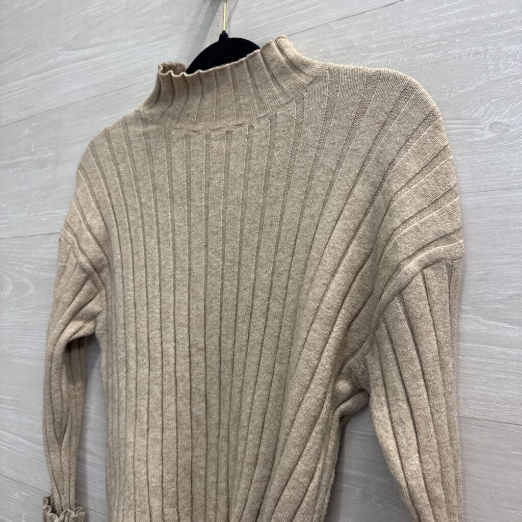 Poof Apparel Beige Ribbed Mock Neck Top Small