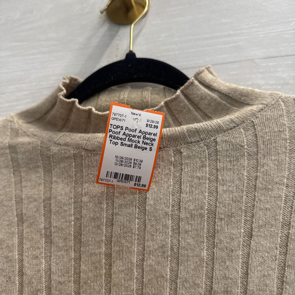 Poof Apparel Beige Ribbed Mock Neck Top Small
