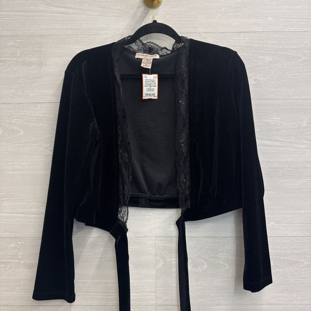 Notations Black Velvet Lace Trim Long Sleeve Top Large Petite