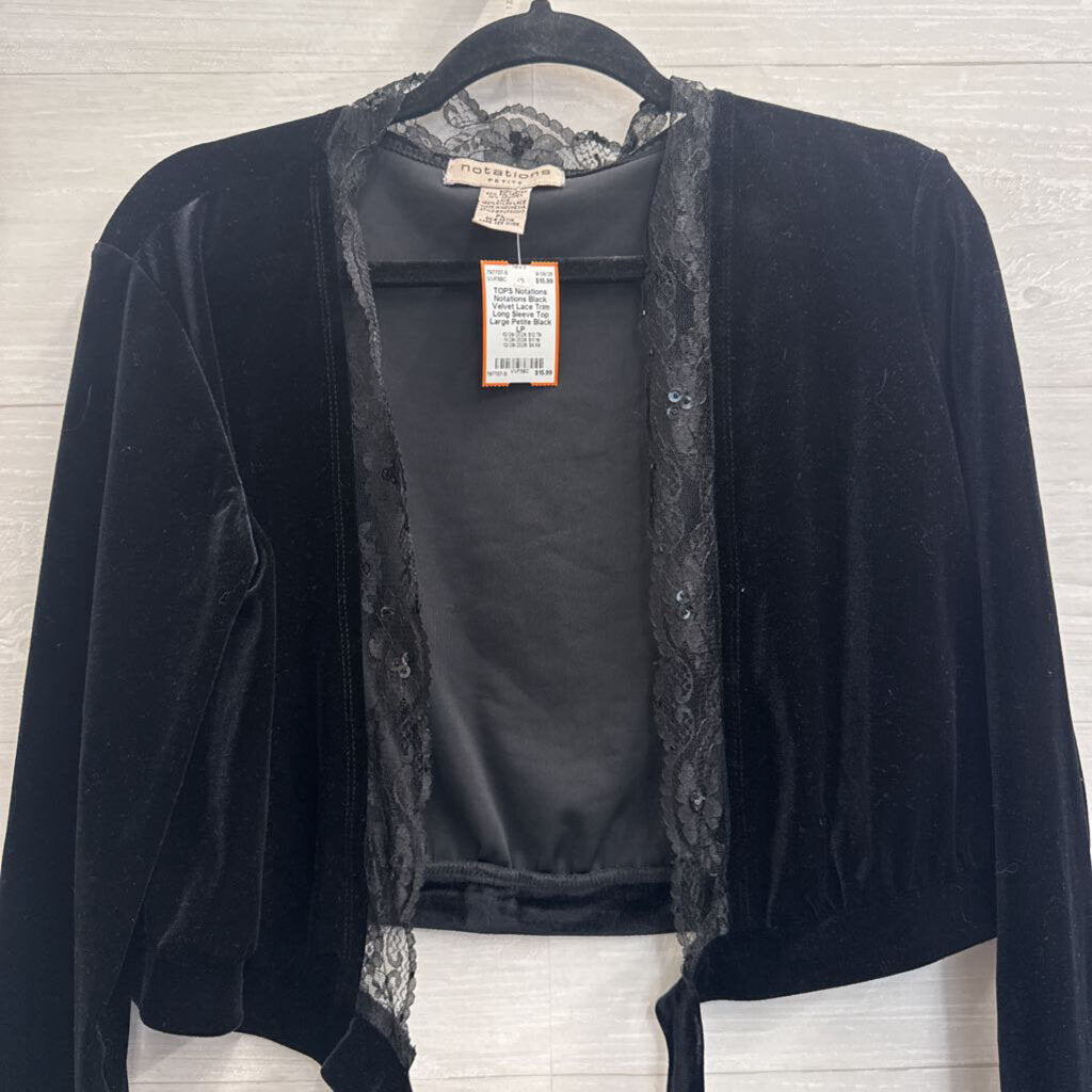 Notations Black Velvet Lace Trim Long Sleeve Top Large Petite