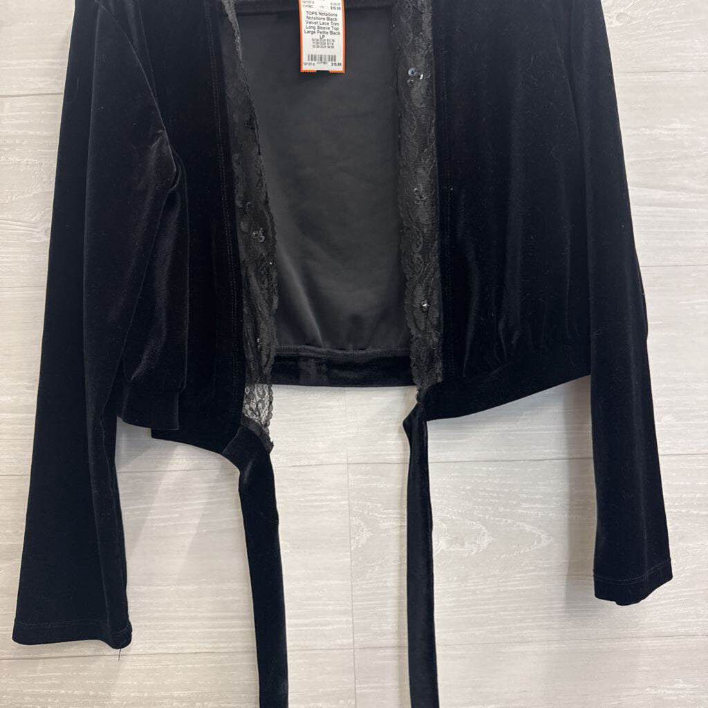 Notations Black Velvet Lace Trim Long Sleeve Top Large Petite