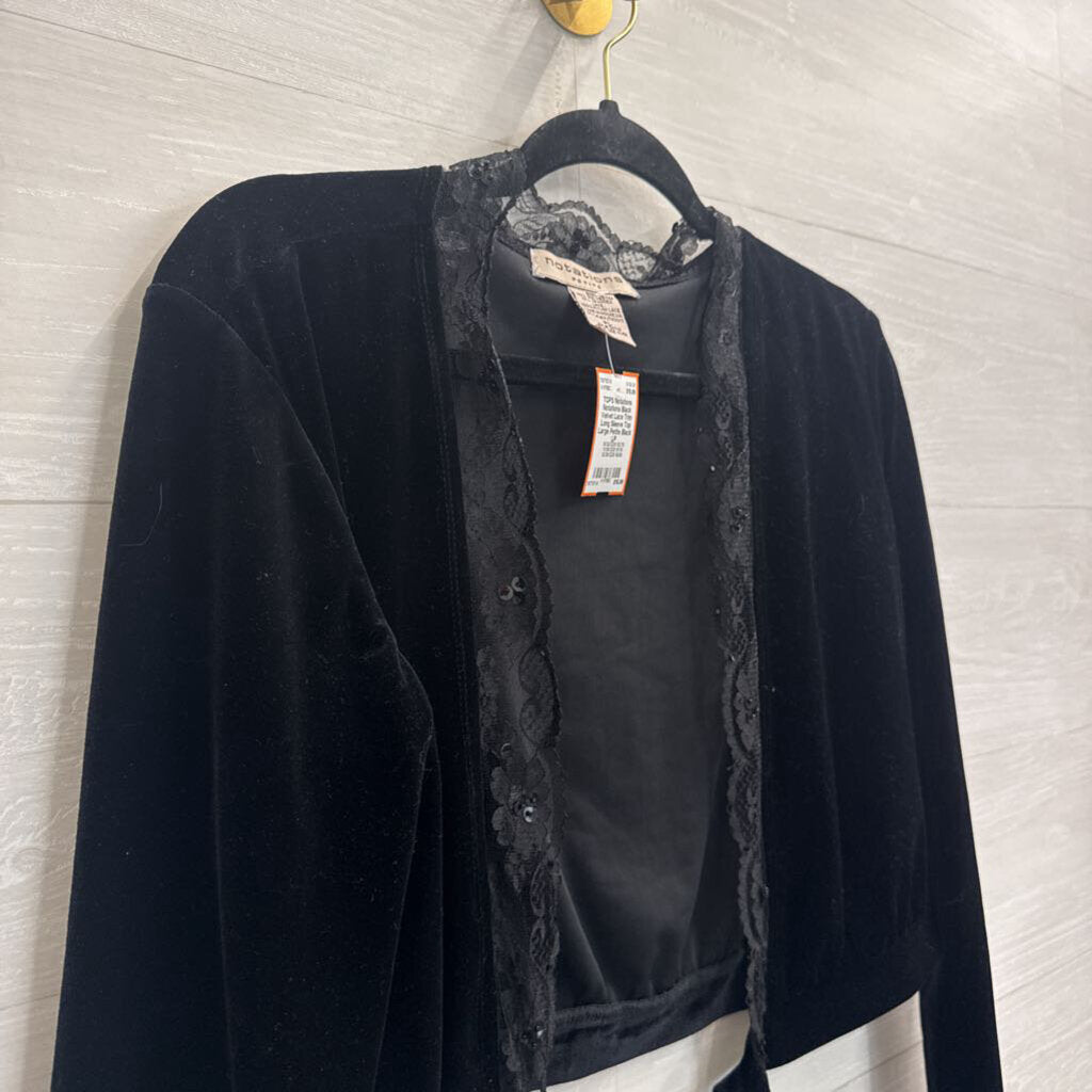Notations Black Velvet Lace Trim Long Sleeve Top Large Petite