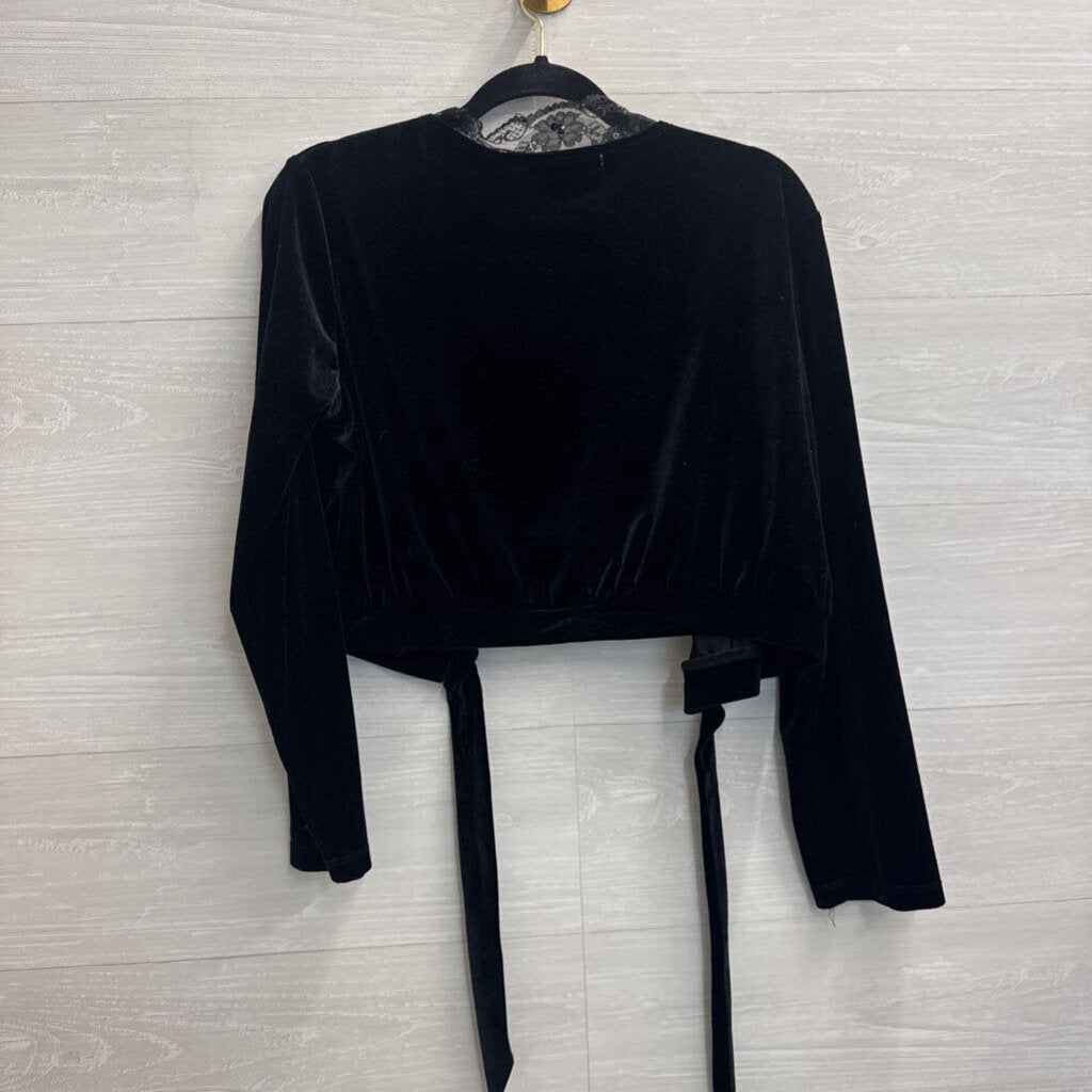 Notations Black Velvet Lace Trim Long Sleeve Top Large Petite
