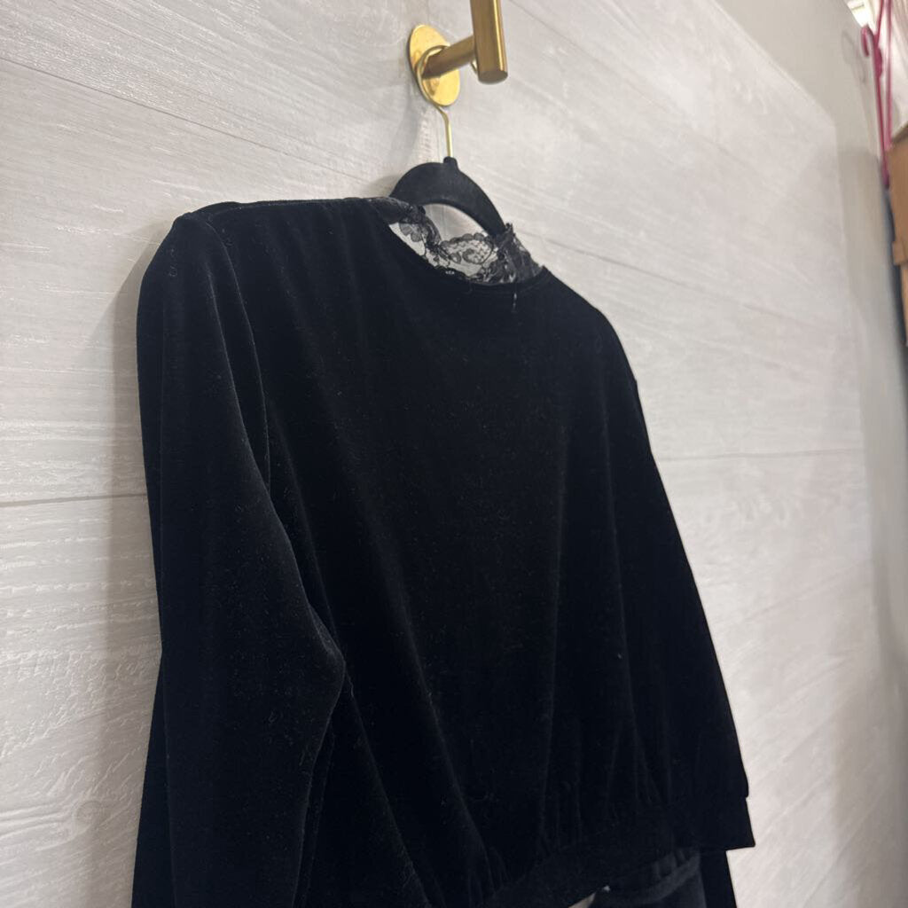 Notations Black Velvet Lace Trim Long Sleeve Top Large Petite