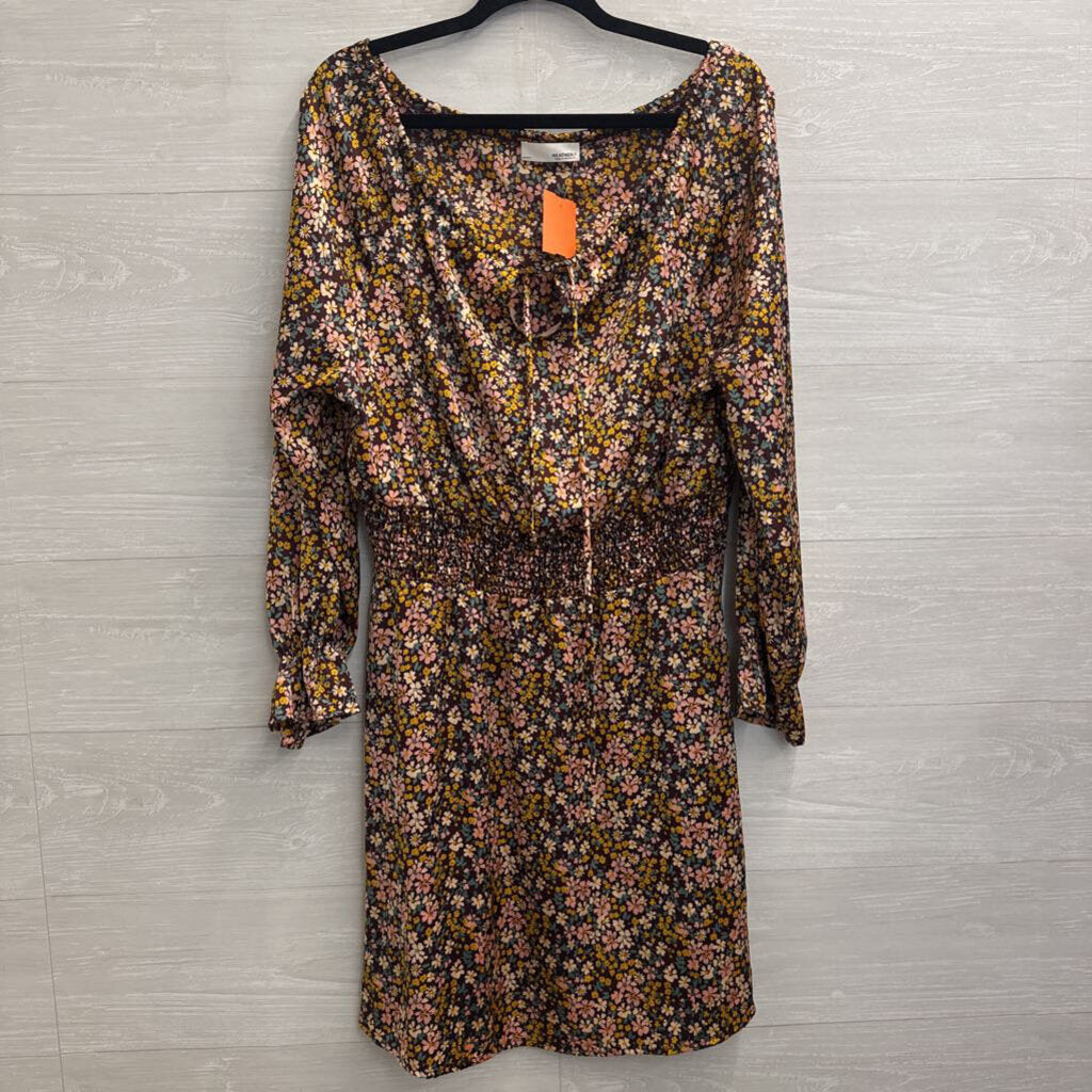 Heatherly Brown/ Multi Silky Floral Print Long Sleeve Dress Medium