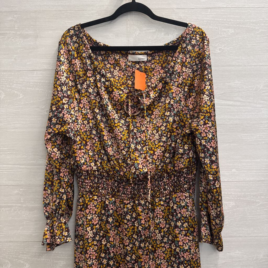 Heatherly Brown/ Multi Silky Floral Print Long Sleeve Dress Medium