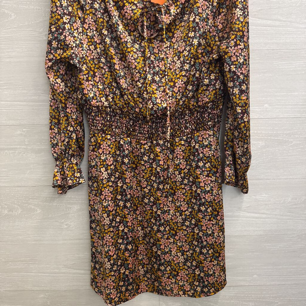 Heatherly Brown/ Multi Silky Floral Print Long Sleeve Dress Medium