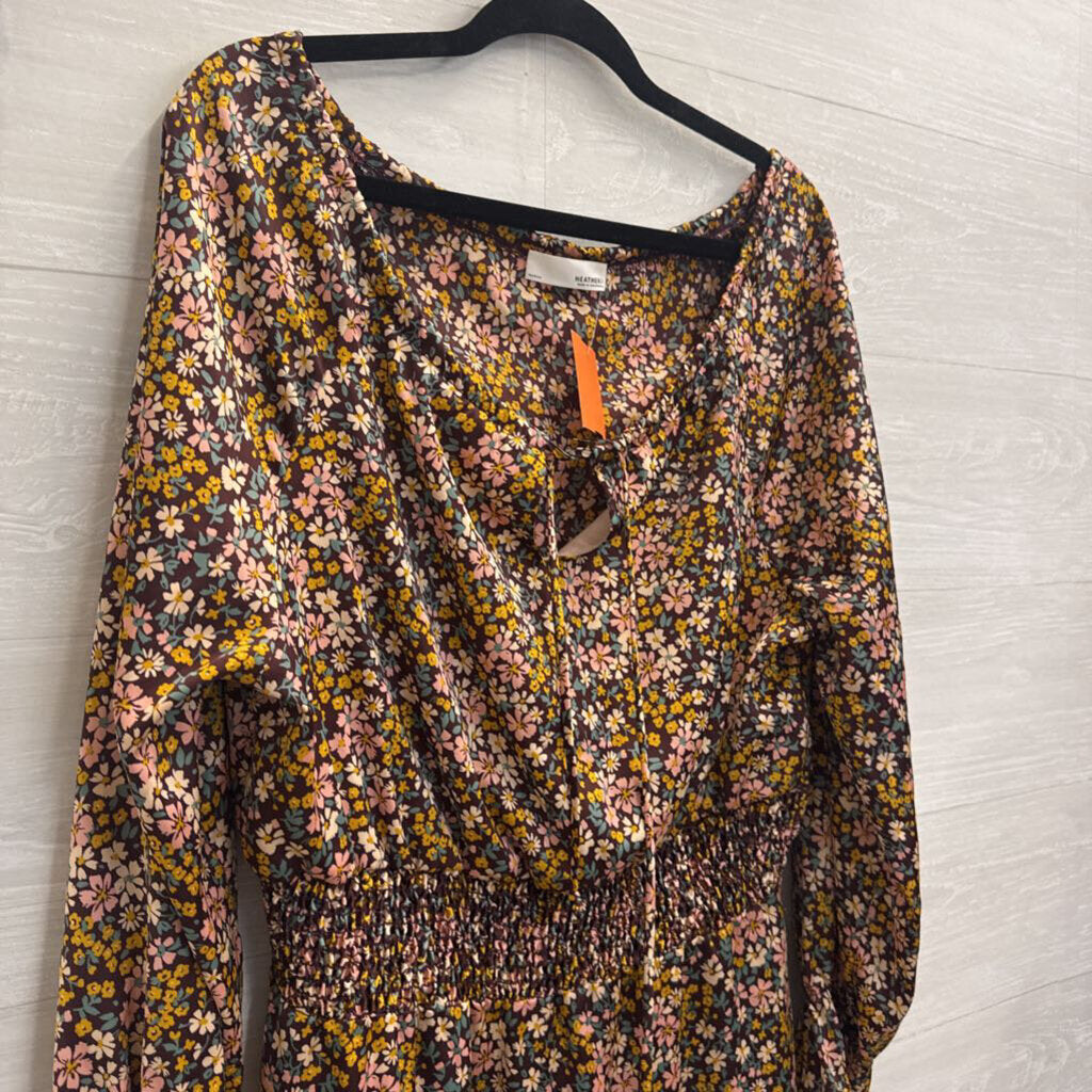 Heatherly Brown/ Multi Silky Floral Print Long Sleeve Dress Medium