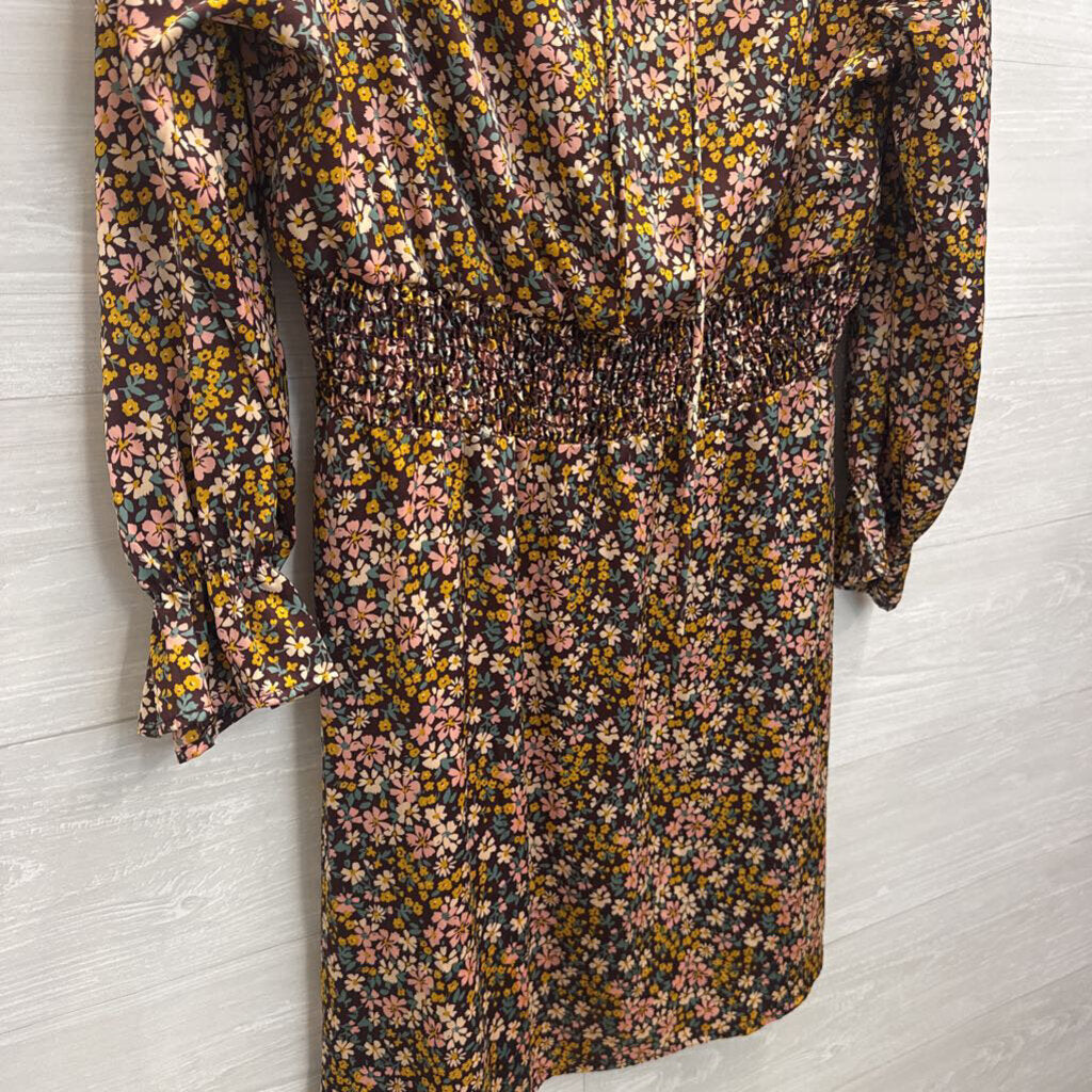 Heatherly Brown/ Multi Silky Floral Print Long Sleeve Dress Medium