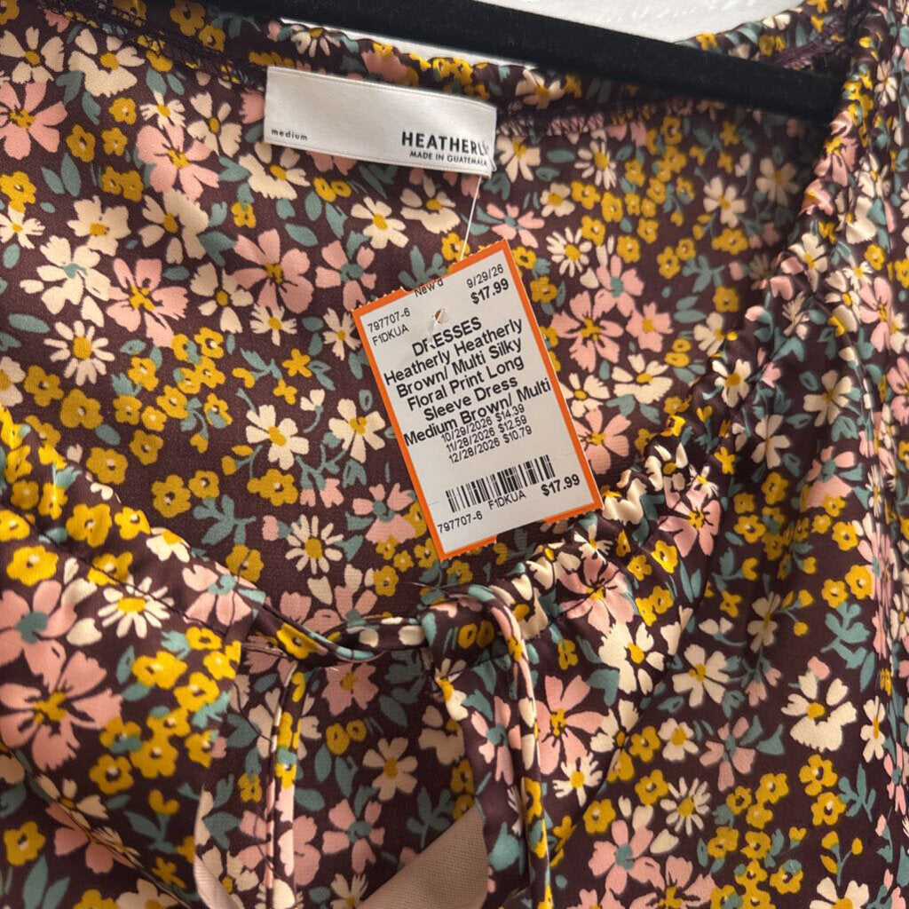 Heatherly Brown/ Multi Silky Floral Print Long Sleeve Dress Medium