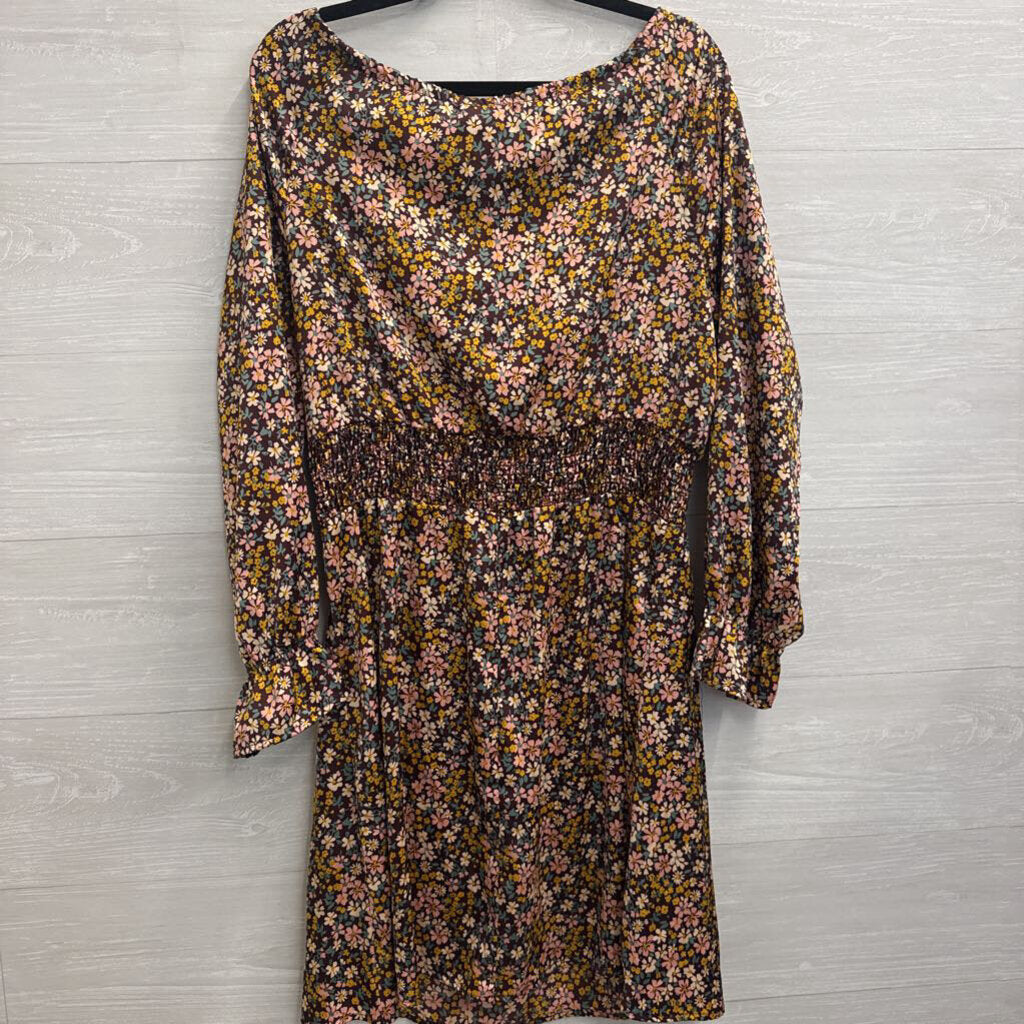 Heatherly Brown/ Multi Silky Floral Print Long Sleeve Dress Medium