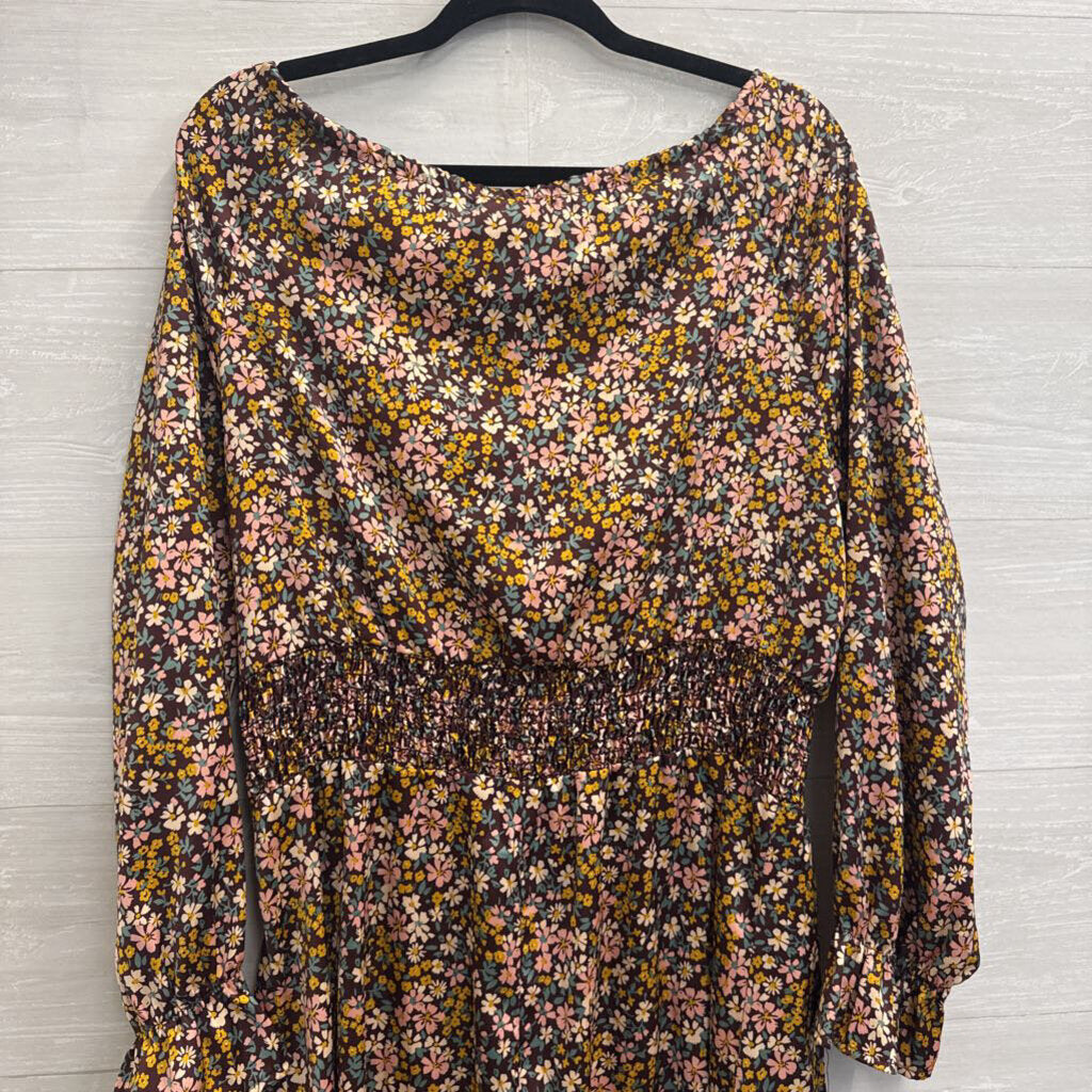 Heatherly Brown/ Multi Silky Floral Print Long Sleeve Dress Medium