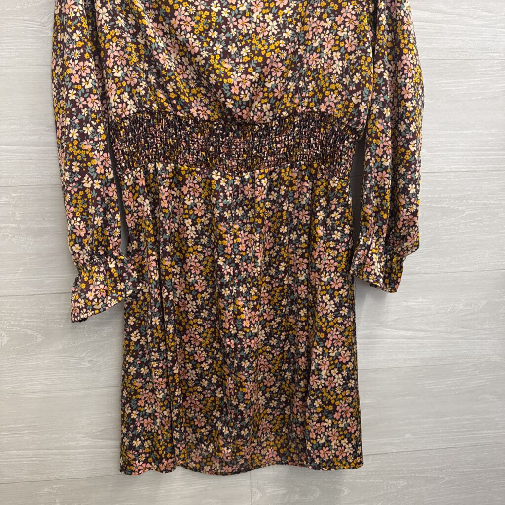 Heatherly Brown/ Multi Silky Floral Print Long Sleeve Dress Medium