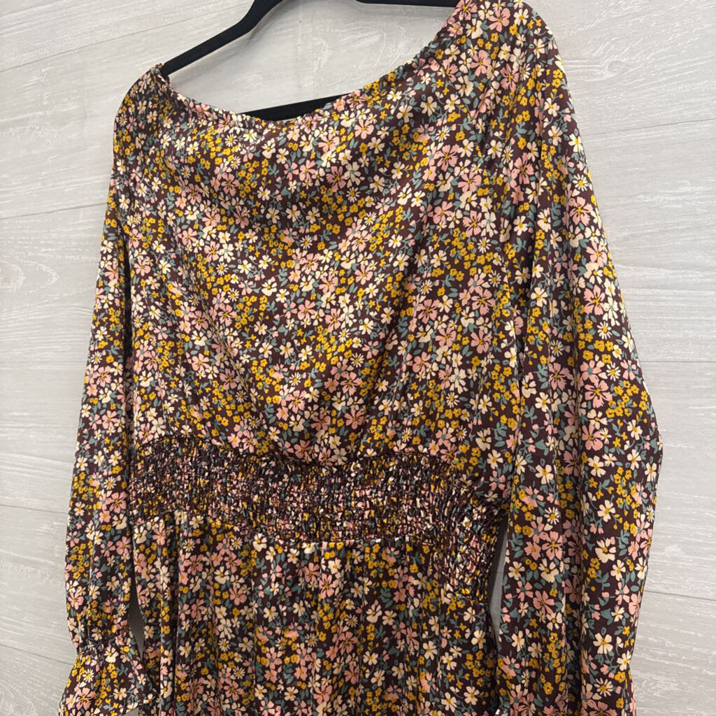 Heatherly Brown/ Multi Silky Floral Print Long Sleeve Dress Medium