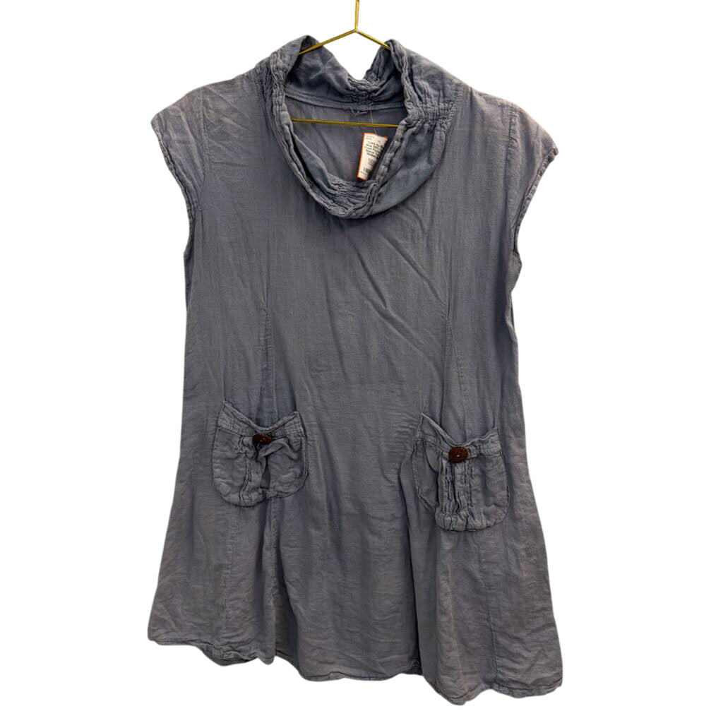 Blue 100% Cotton Front Pocket Short Sleeve Tunic Top Medium