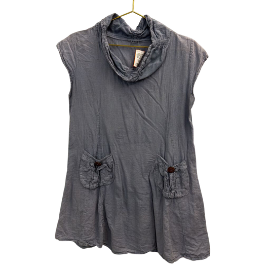 Blue 100% Cotton Front Pocket Short Sleeve Tunic Top Medium