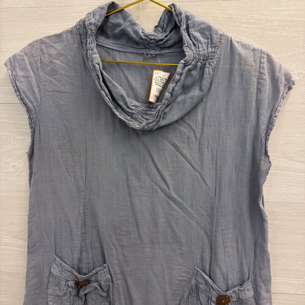 Blue 100% Cotton Front Pocket Short Sleeve Tunic Top Medium
