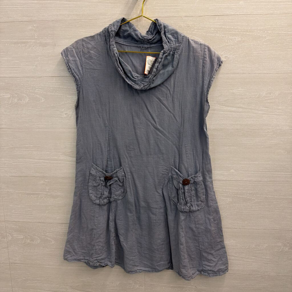 Blue 100% Cotton Front Pocket Short Sleeve Tunic Top Medium