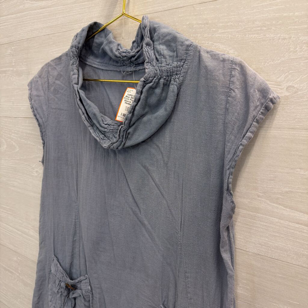 Blue 100% Cotton Front Pocket Short Sleeve Tunic Top Medium