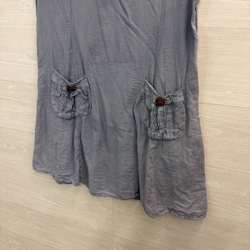 Blue 100% Cotton Front Pocket Short Sleeve Tunic Top Medium