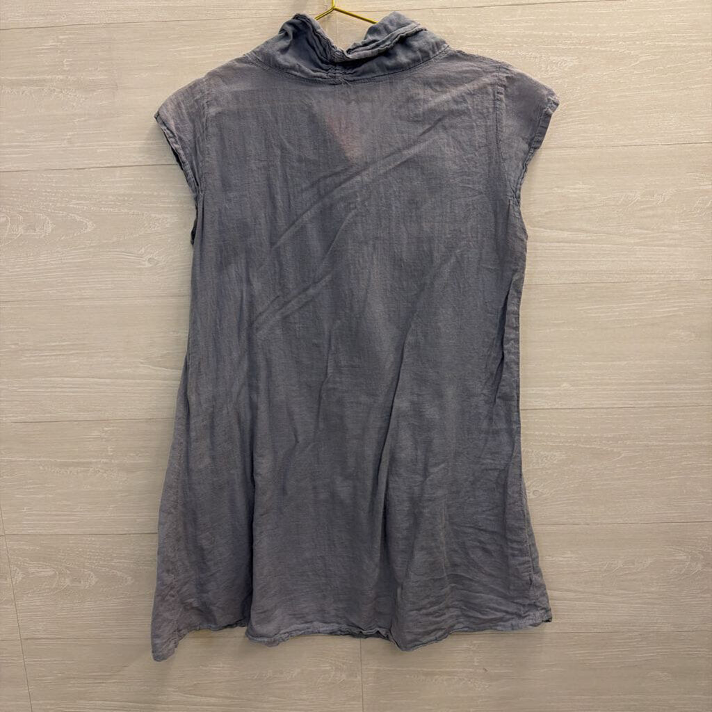 Blue 100% Cotton Front Pocket Short Sleeve Tunic Top Medium