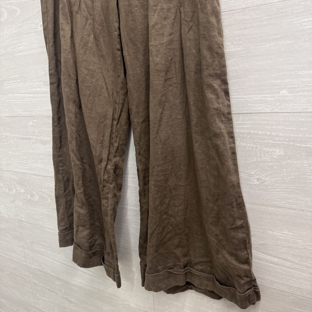 Tahari Brown 100% Linen Cropped Wide Leg Pants 4