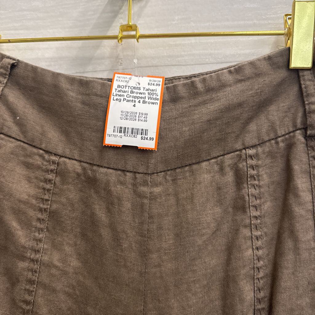 Tahari Brown 100% Linen Cropped Wide Leg Pants 4