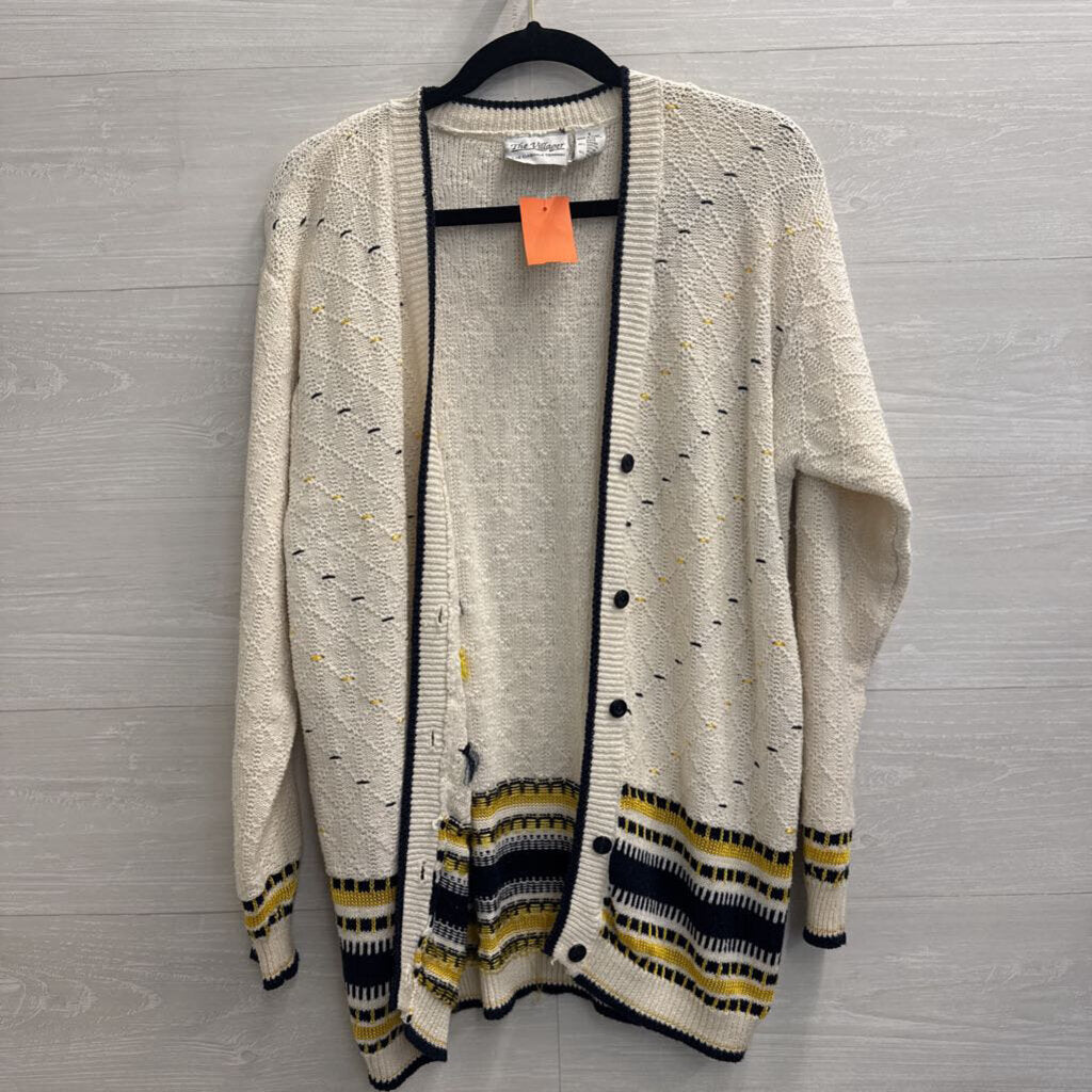 Vintage The Villager White/ Navy Knit Print Cardigan Sweater Small