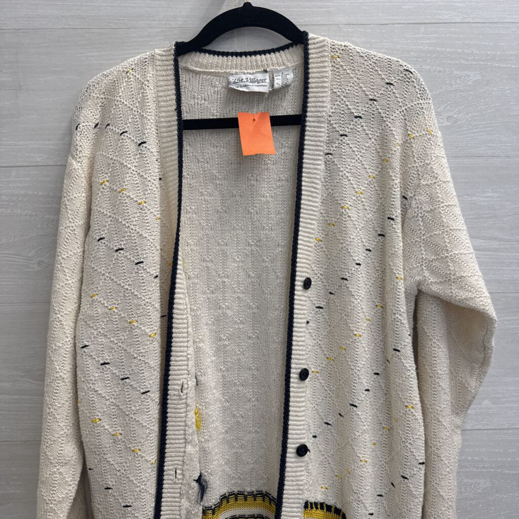 Vintage The Villager White/ Navy Knit Print Cardigan Sweater Small
