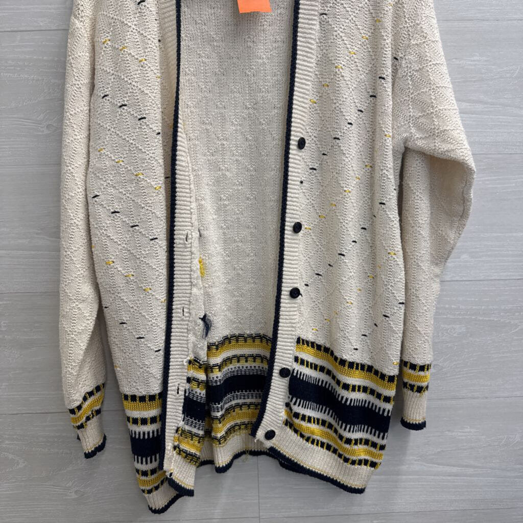 Vintage The Villager White/ Navy Knit Print Cardigan Sweater Small