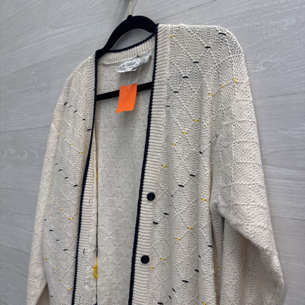Vintage The Villager White/ Navy Knit Print Cardigan Sweater Small