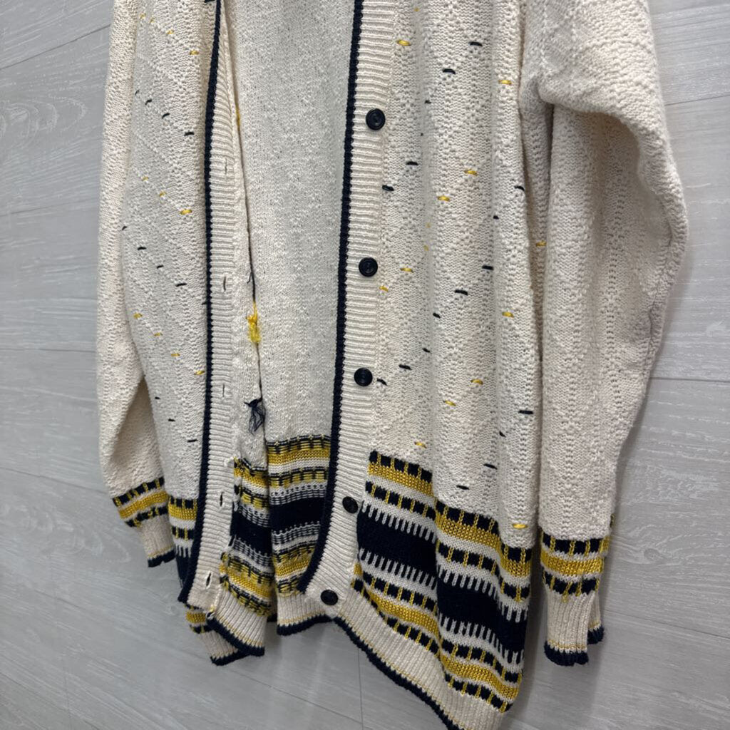 Vintage The Villager White/ Navy Knit Print Cardigan Sweater Small