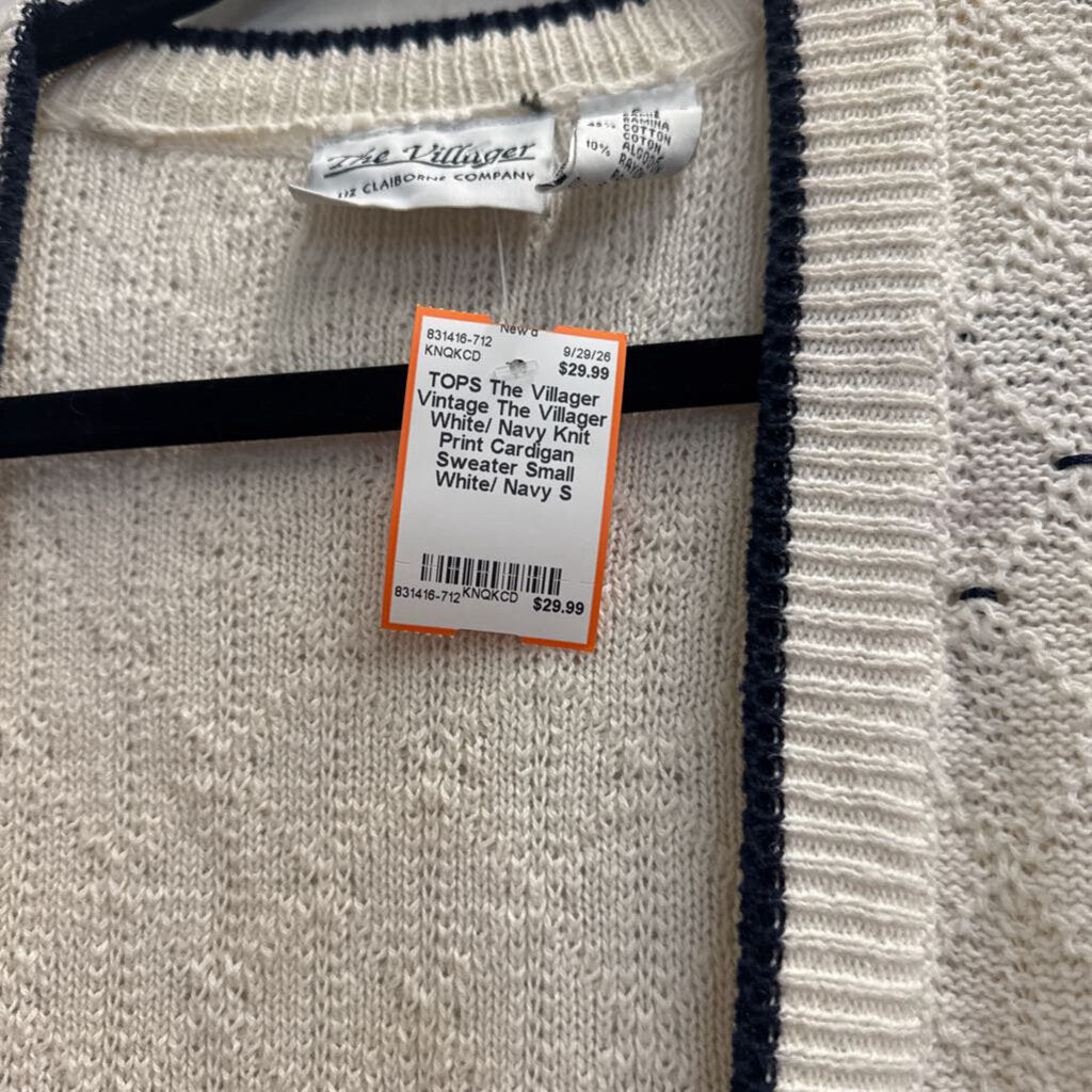 Vintage The Villager White/ Navy Knit Print Cardigan Sweater Small
