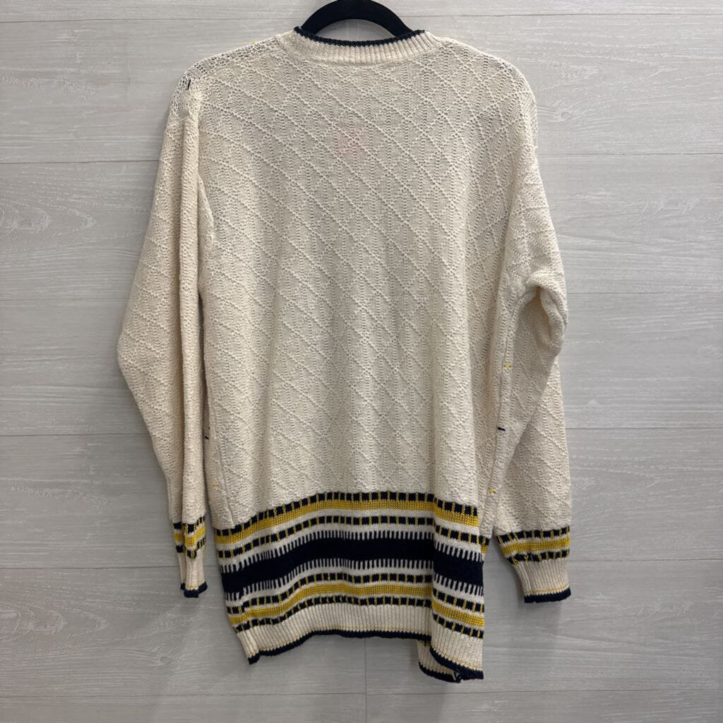 Vintage The Villager White/ Navy Knit Print Cardigan Sweater Small