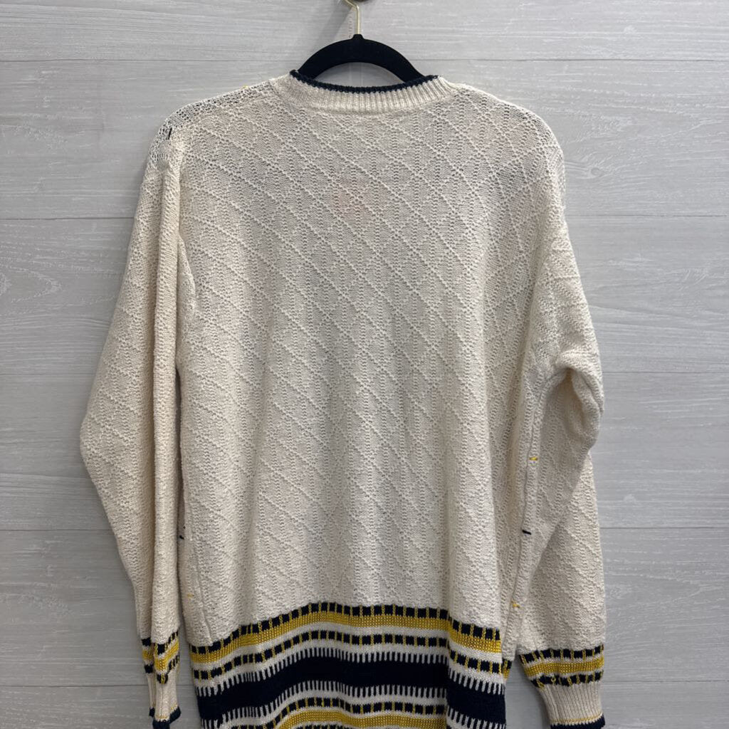 Vintage The Villager White/ Navy Knit Print Cardigan Sweater Small