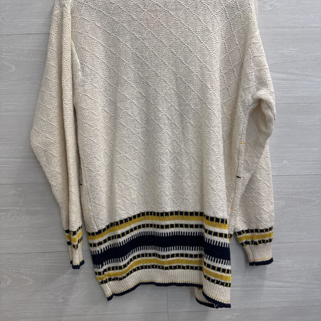Vintage The Villager White/ Navy Knit Print Cardigan Sweater Small