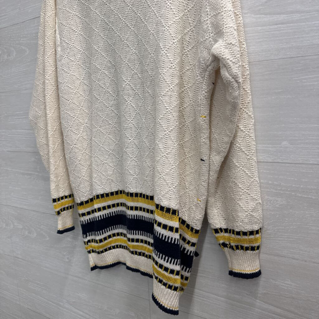 Vintage The Villager White/ Navy Knit Print Cardigan Sweater Small