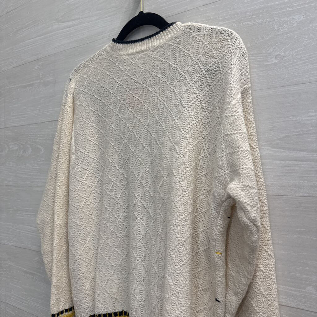 Vintage The Villager White/ Navy Knit Print Cardigan Sweater Small