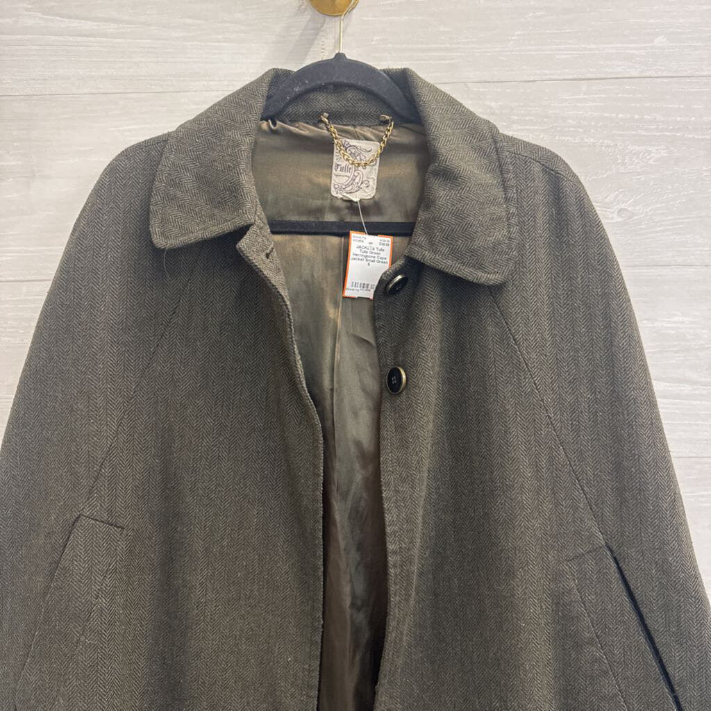 Tulle Green Herringbone Cape Jacket Small