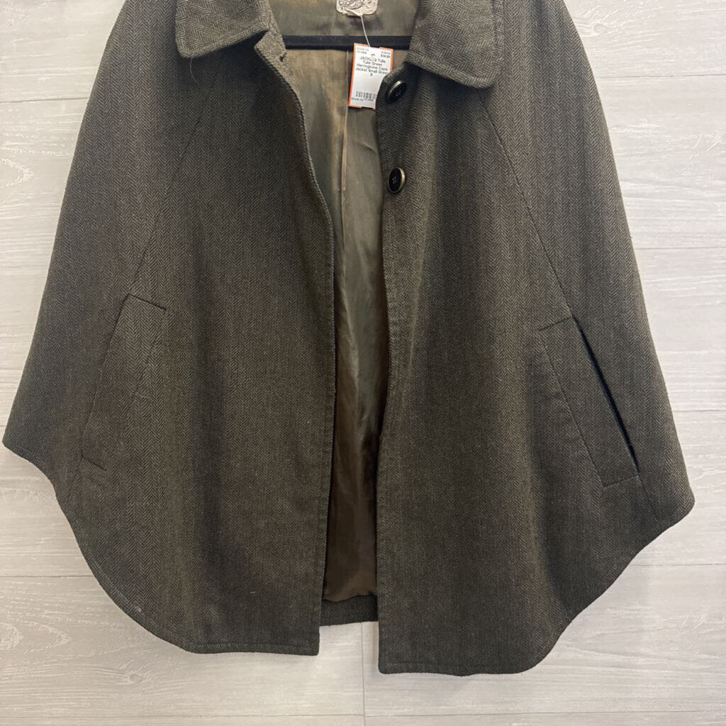 Tulle Green Herringbone Cape Jacket Small