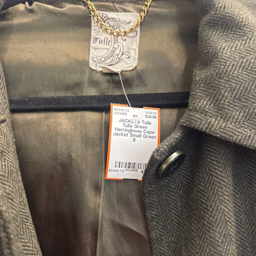 Tulle Green Herringbone Cape Jacket Small