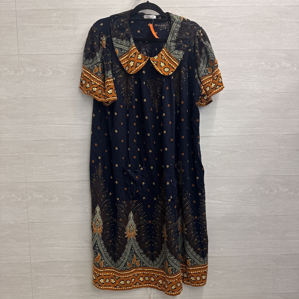 Ekouaer Navy/ Brown Print Short Sleeve Dress XXXL