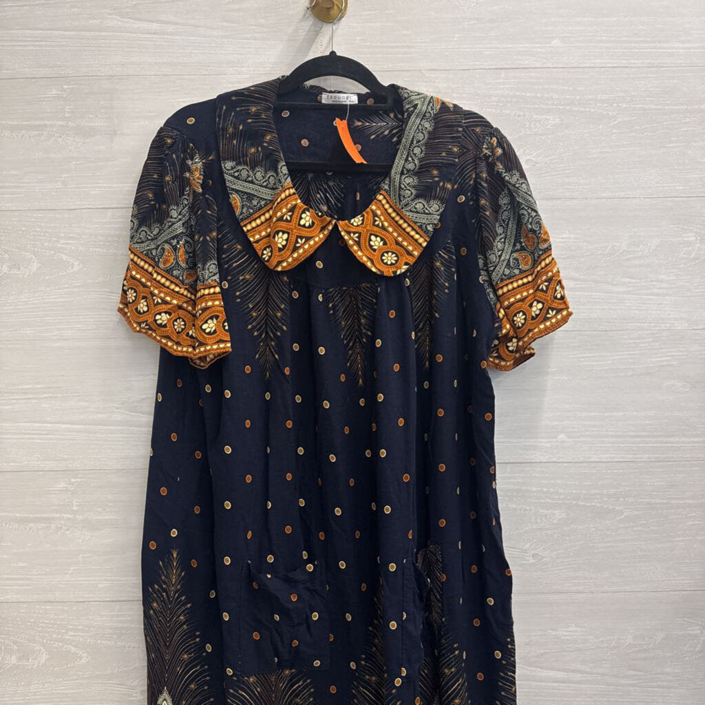 Ekouaer Navy/ Brown Print Short Sleeve Dress XXXL